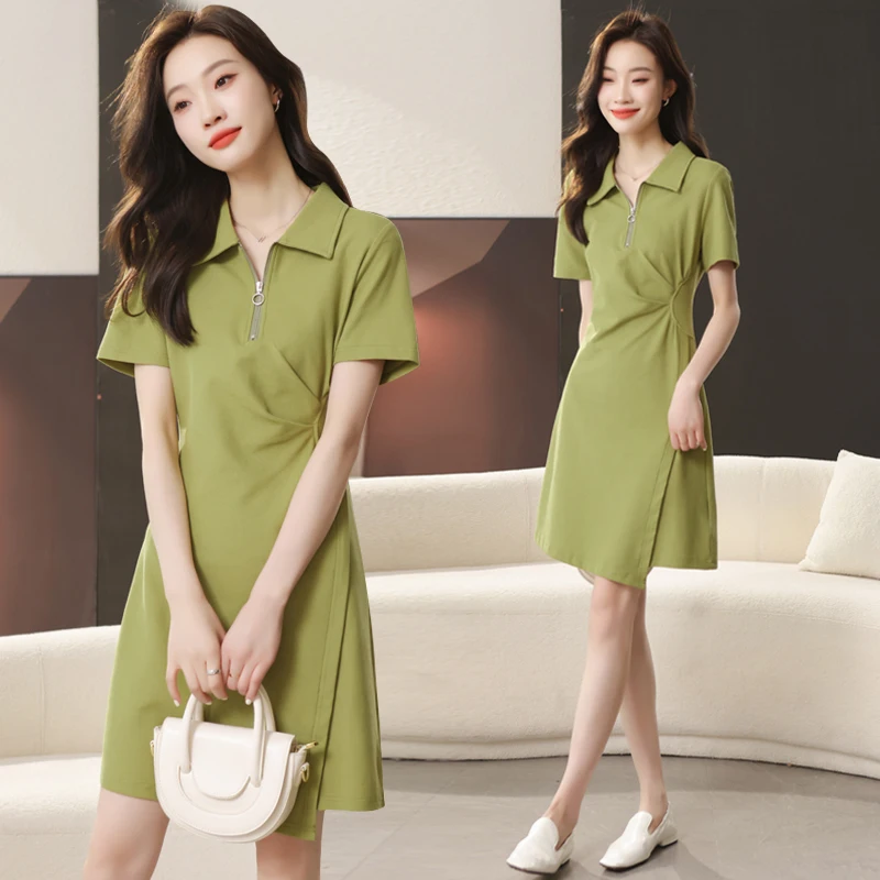 

Женское летнее платье Coigarsam, новинка 2024, офисные Женские однотонные зеленые платья в Корейском стиле с коротким рукавом, молнией, высокой талией и складками