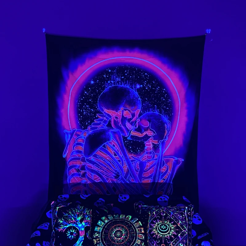 

Psychedelic Mandala Witchcraft Skull Fluorescence Tapestry UV Reactive Wall Hanging Home Trim Art Aesthetic Room Decor For Teen