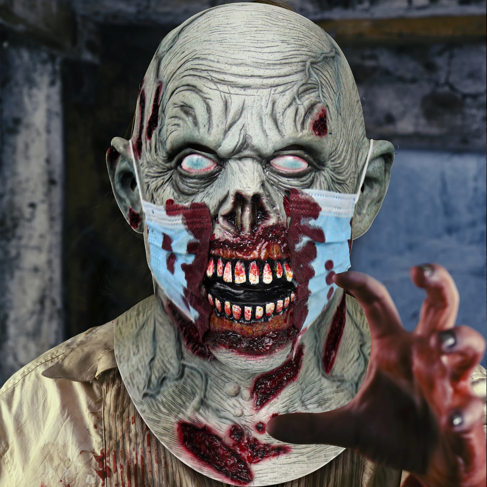 Halloween Zombie Mask Wearing A Disposable Mask Bloody Bloodstain Big Mouth With Blue Veins In The Neck Horror Party Prop
Halloween Zombie Mask Wearing A Disposable Mask Bloody Bloodstain Big Mouth With Blue Veins In The Neck Horror Party Prop
