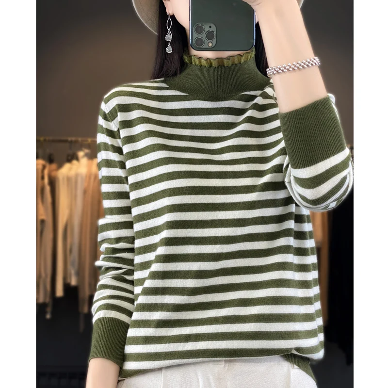 

Autumn/Winter New Women's Sweater Casual Striped Knitwear Half Turtle Collar Pullover Lace Tops Loose Blouse