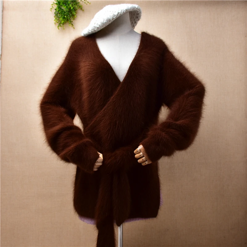 female women fashion brown hairy mink cashmere knitted deep v-neck long sleeves irregular bowtie loose pullover jumper sweater
female women fashion brown hairy mink cashmere knitted deep v-neck long sleeves irregular bowtie loose pullover jumper sweater
