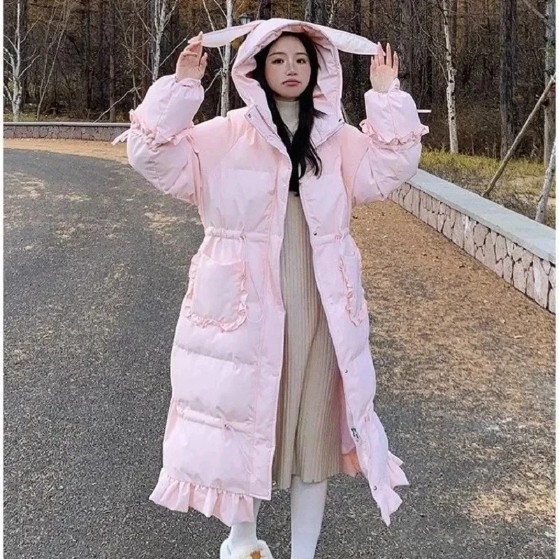 

Down Cotton Jacket Womens Korean Hepburn Style Warm White Duck Down Coat Hooded Loose Long Parka Female Thick Winter Outerwear