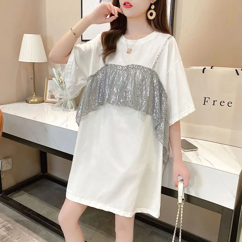 

Women's Clothing Fake Two Pieces Pullovers Summer Short Sleeve Spliced Stylish Sequined Casual Round Neck Letter Loose T-shirt