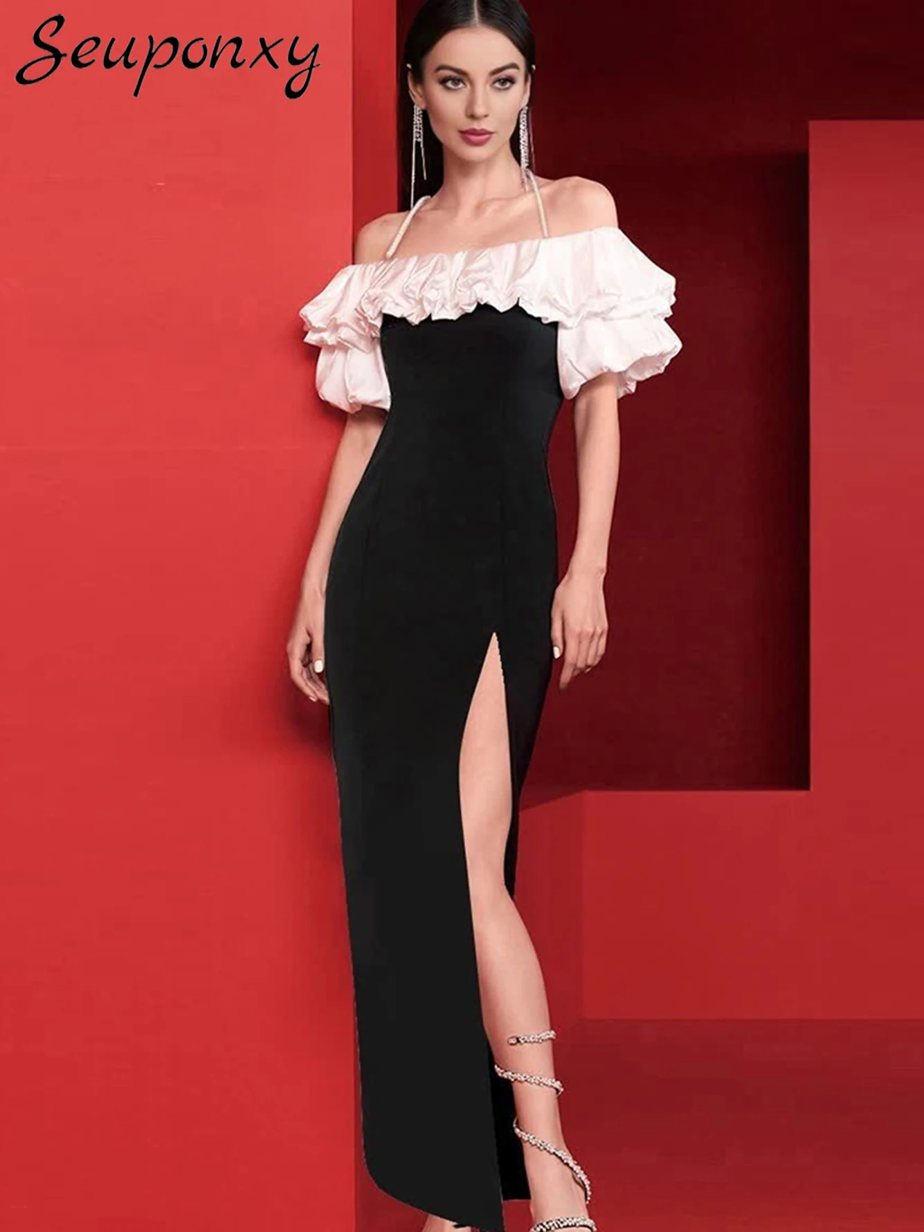

High Quality Women'S Sexy Off The Shoulder Puff Sleeves Ruffled Edges Black High Slit Maxi Dress Celebrity Party Dress Vestidos