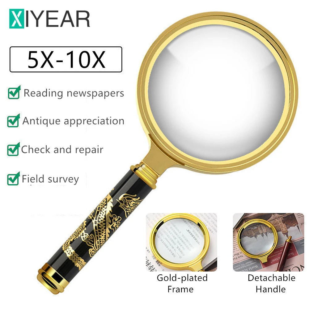 

5X-10X Magnifying Glass Golden Dragon Handle Magnifier Mini Pocket Handheld Microscope Reading Jewelry Loupe Magnifiers