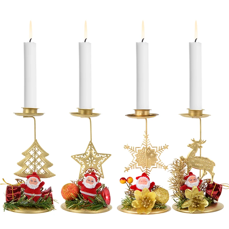 

Christmas Santa Claus Candlestick Star Xmas Tree Elk Snowflake Metal Candle Holder For Home Desktop Ornament Navidad 2023 Gifts