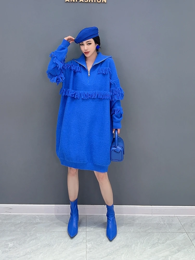 

SuperAen 2023 осеннее Новое корейское Стильное трикотажное платье на молнии с высоким воротом и кисточками модное цельное женское платье-пуловер
