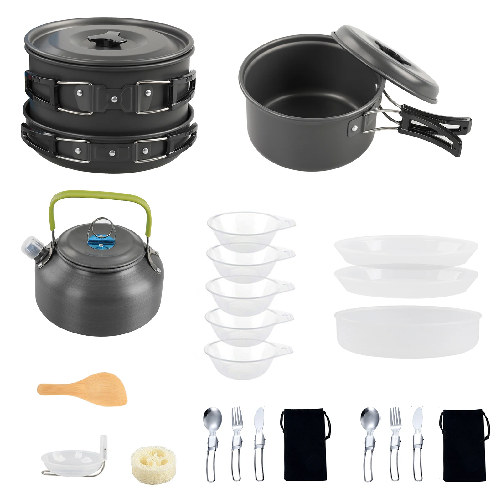Camping Cookware Mess Kit Non-Stick Pot and Pan Set with Kettle for Camping Hiking Backpacking
Camping Cookware Mess Kit Non-Stick Pot and Pan Set with Kettle for Camping Hiking Backpacking