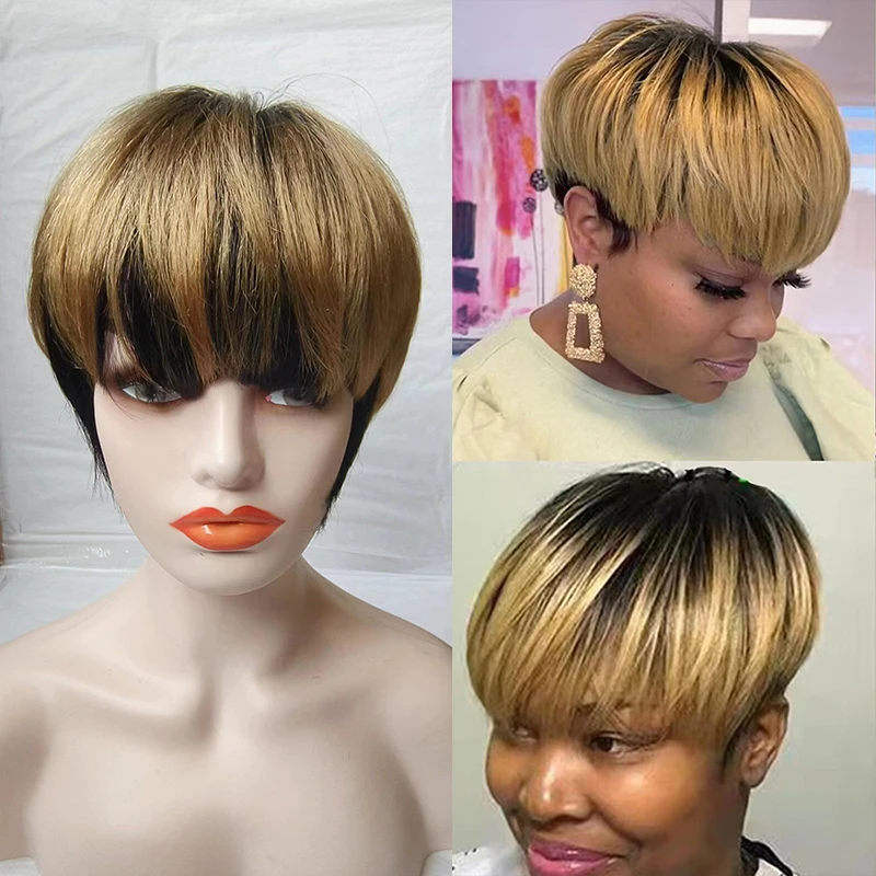 

Ombre Blonde 99J Full Machine Made Wigs With Bangs Short Bob Human Hair Wigs Pixie Cut Straight Glueless Wig for Women Non-remy