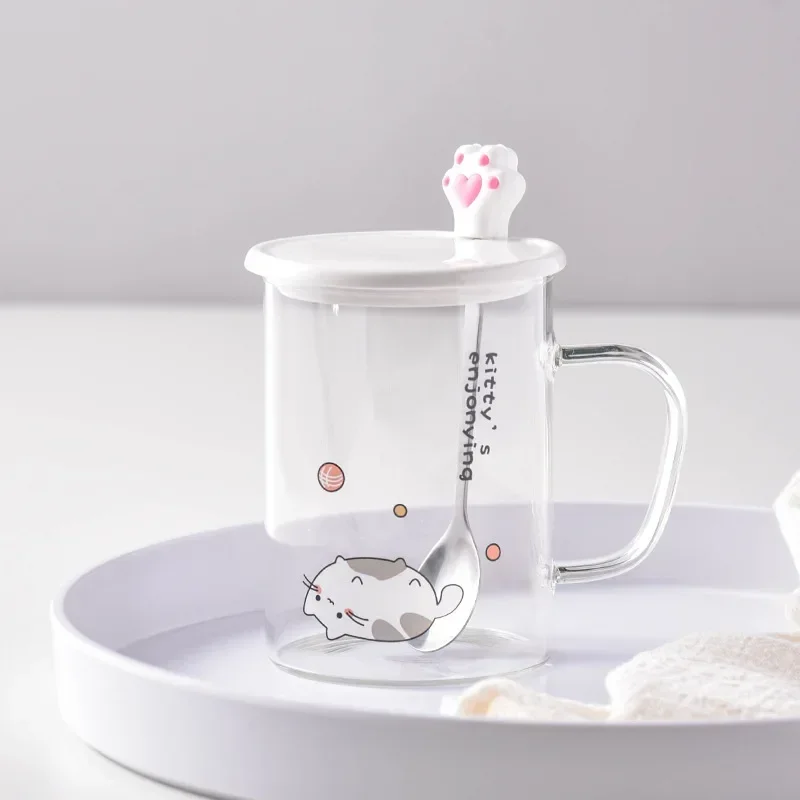 

Женская кофейная чашка с крышкой в виде ложки, с рисунком кошки, прозрачные стеклянные чашки, Симпатичные кружки, бесплатная доставка, бокалы, посуда для напитков