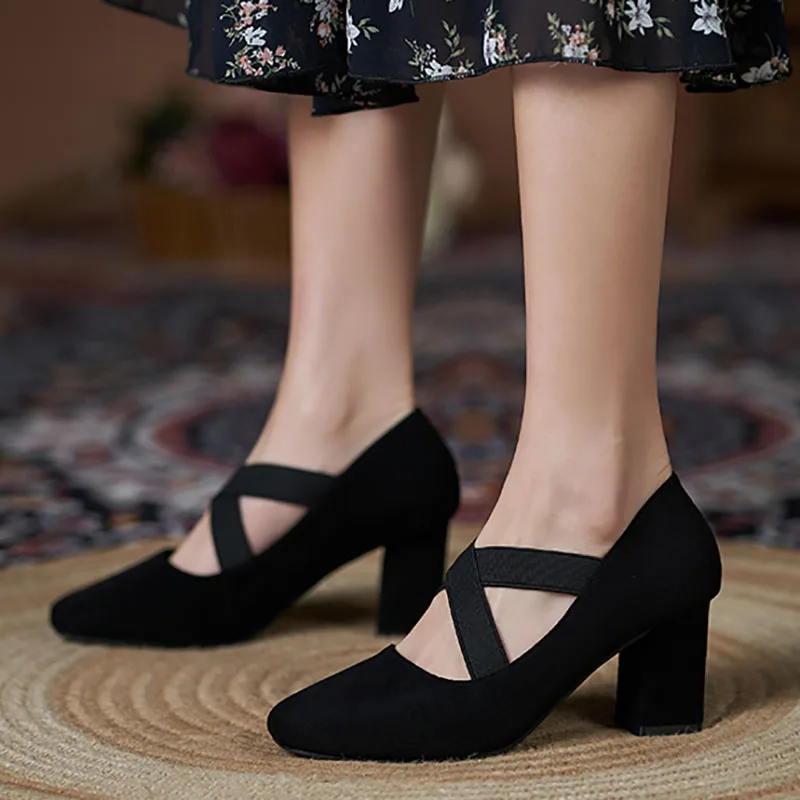 Women's Cross-tied Elastic Band Pumps Faux Suede High Heels Gladiator Narrow Band Vintage Mary Jane Shoes Women Heels 
Women's Cross-tied Elastic Band Pumps Faux Suede High Heels Gladiator Narrow Band Vintage Mary Jane Shoes Women Heels