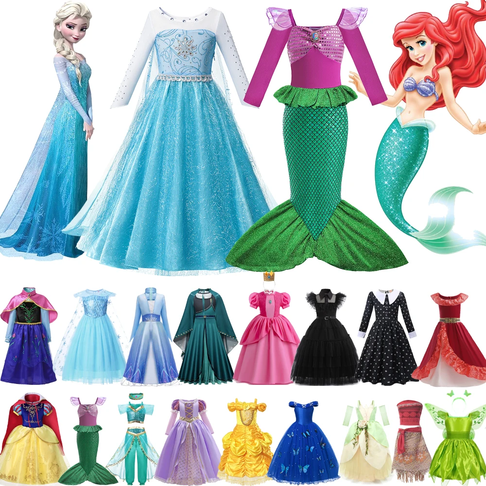 

Disney Frozen Elsa Anna Ariel Princess Dress Girl Kid Peach Wednesday Clothes Cosplay Rapunzel Jasmine Tinker Bell Elena Costume