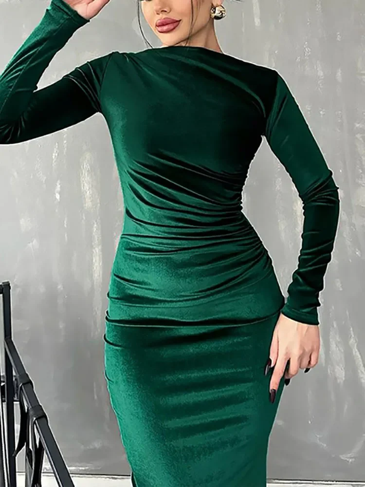 

YUZHEXI Fashion Lady Office Retro Pleat Empire Waist Bodycon Sheath Solid Color Round Neck Long Sleeve Commuter Midi Dress