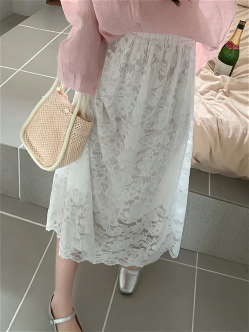 

Alien Kitty All Match Lace Skirts Women Florals Sweet Summer A-Line 2023 Fashion New Chic Gentle Mujer Casual High Waist Slim