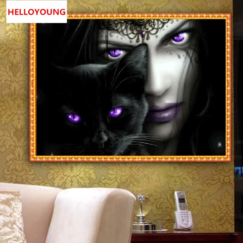 

YGS-410 DIY Partial 5D Diamond Embroidery The Black Cat Round Diamond Painting Cross Stitch Kits Diamond Mosaic Decoration