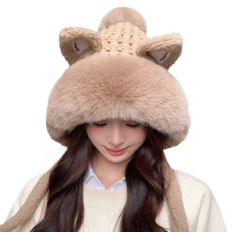

New Cute Fox Ears Plush Hat for Women Fleece-Lined Ear Protection Cap With Hair Ball Winter Outdoor Cycling Thicken Warm Hat