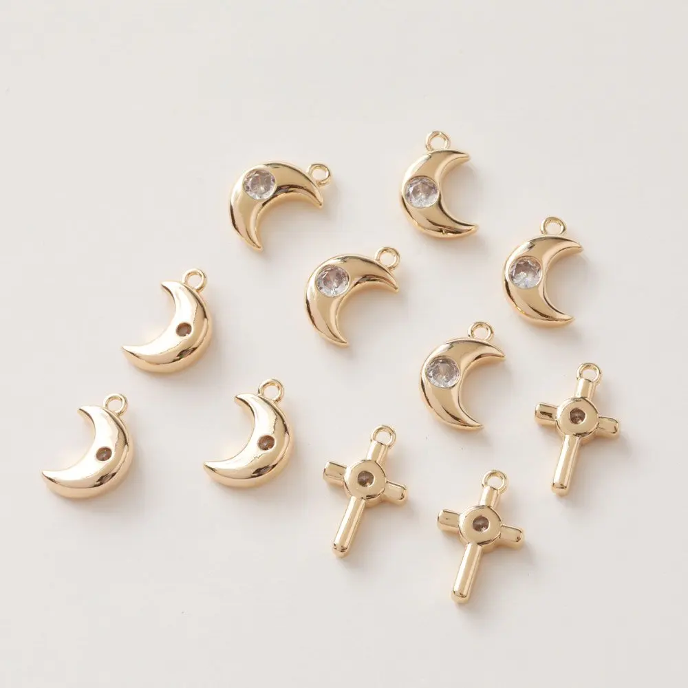 

6PCS Moon Cross Charms Cubic Zirconia for Jewelry Making Pendant Findings DIY Brass Handmade 14k Gold Plated