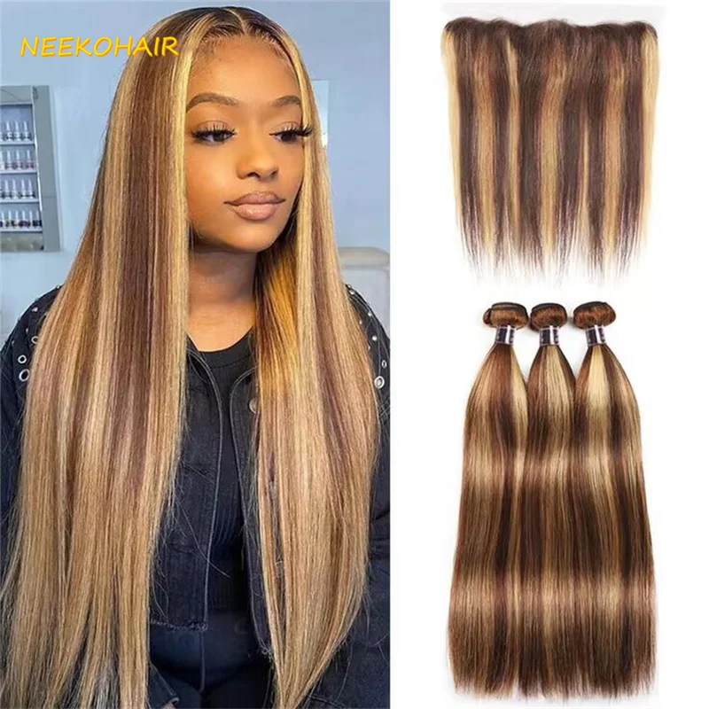 

Highlight 4/27 3 Bundles With 13x4 Frontal Weave Straight Remy 100% Brazilian Human Hair Honey Blonde 3 Bundles With 4X4 Closure