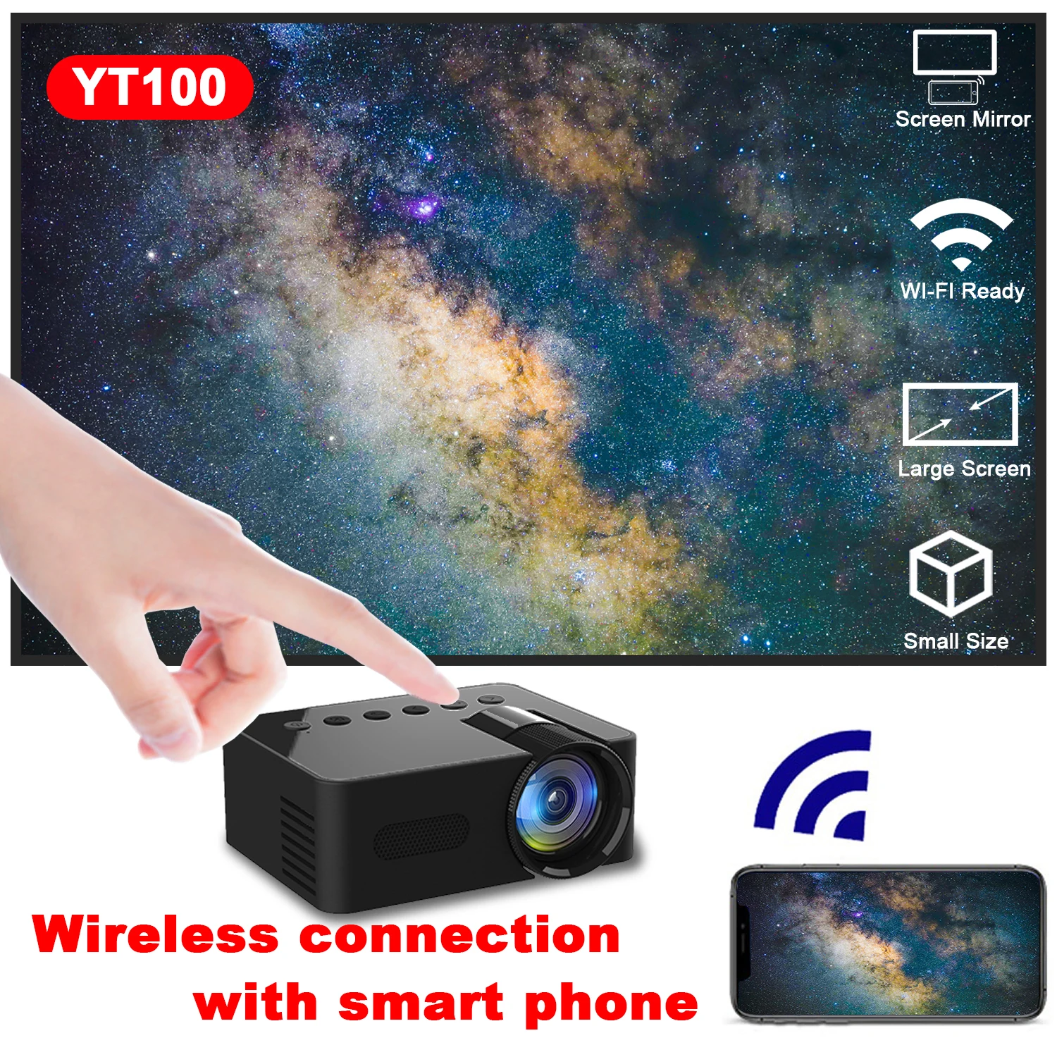 

YT100 Small wireless connection mobile phone projector, home theater, mobile power supply available, built-in audio