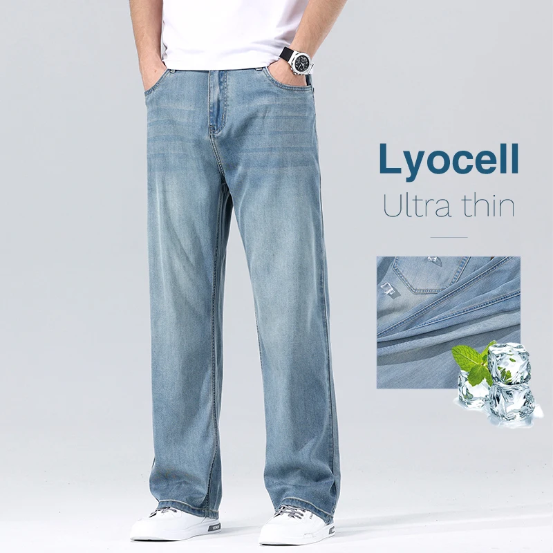 

Ultra Thin Lyocell Men's Loose Jeans Summer Fashion Drape Soft Fabric Business Straight Denim Pants Wide Legs Ice Silk Trousers