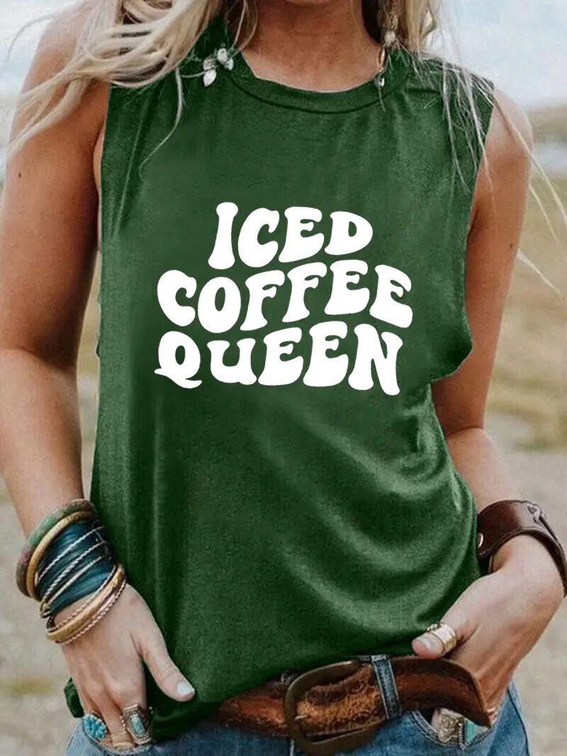 

Iced Coffee Queen New Arrival Women Sleeveless Tshirt Vintage Top Cool Girl Funny Summer Casual Sleeveless Top Coffee Lovers Tee