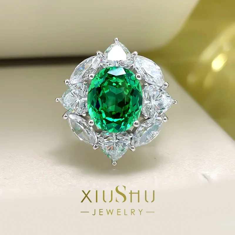 

Desire Artificial Palaiba Tourmaline Ring Emerald 925 Silver High Carbon Diamond European and American Micro Inlay Precision