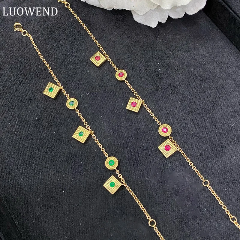 

LUOWEND 100% 18K Yellow Gold Bracelet Shiny Real Natural Ruby or Emerald Luxury Gemstone Fine Romantic Style Bracelet for Women