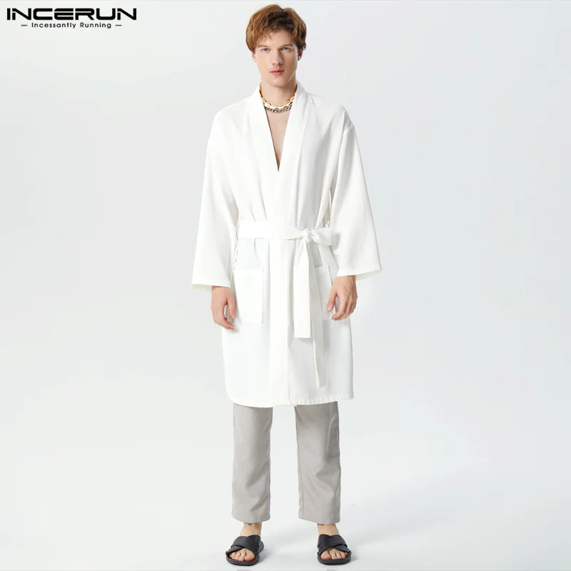 

INCERUN 2024 Handsome New Men's Homewear Long Sleeve White Bathrobe Robes Fashion Male Waffled Texture Holiday Nightgowns S-5XL