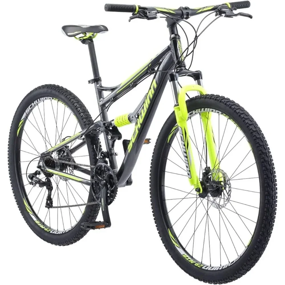 

Mens and Womens Mountain Bike, 29-Inch Wheels, 24-Speed Shifters, Full Suspension, Mechanical Disc Brakes, Blue/Grey
