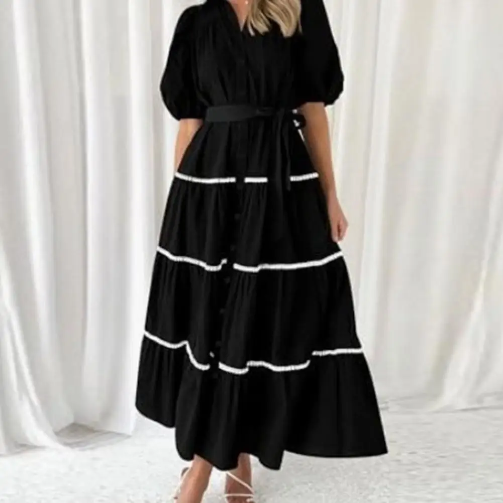 

Elegant Tie-up Waist Dress Elegant Women's Summer Maxi Dress with Puffy Sleeves Tiered Ruffles Flowy Silhouette for Any Occasion