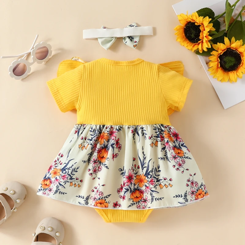 

Infant Baby Girls Romper Dress Knit Rib Floral Print Short Sleeve Skirt Hem Jumpsuits Summer Casual Bodysuits with Headband