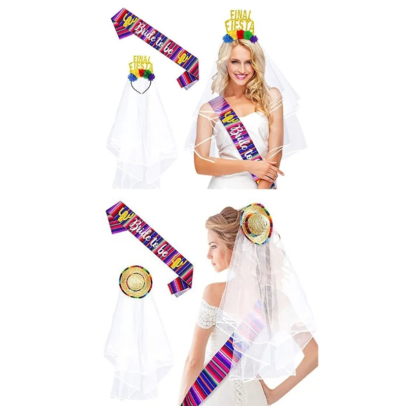 

A2ES Eye Catching Bride Head Veil and Bride To Be Sash Set Party Gifts Wedding Headwear Add Charm for Women