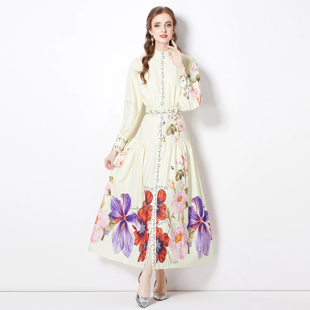 

Женское модельное Платье макси с длинным рукавом-фонариком, Осеннее однобортное платье с цветочным принтом и поясом