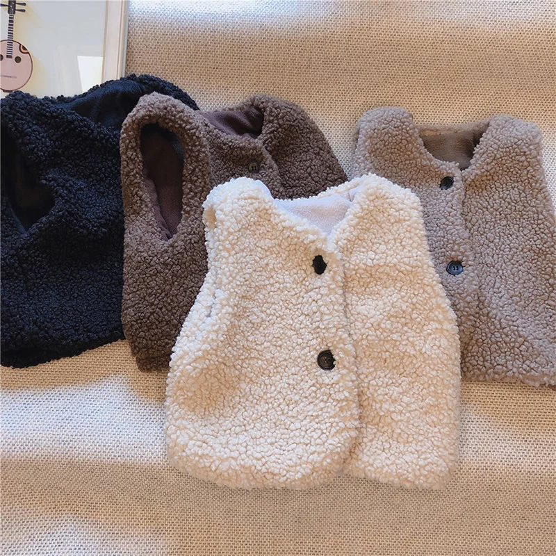 

Girls Boys Autumn Winter Plush Vest Baby Plus Velvet Waistcoat Single Breasted V Neck Child Warm Fashion Warm Teddy Hair Coat