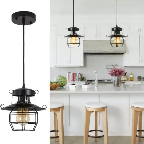 

Vintage Farmhouse Pendant Light Rustic Metal Caged Pendant Lights Black Cage Hanging Lamp for Kitchen Island Entryy Bedrooms
