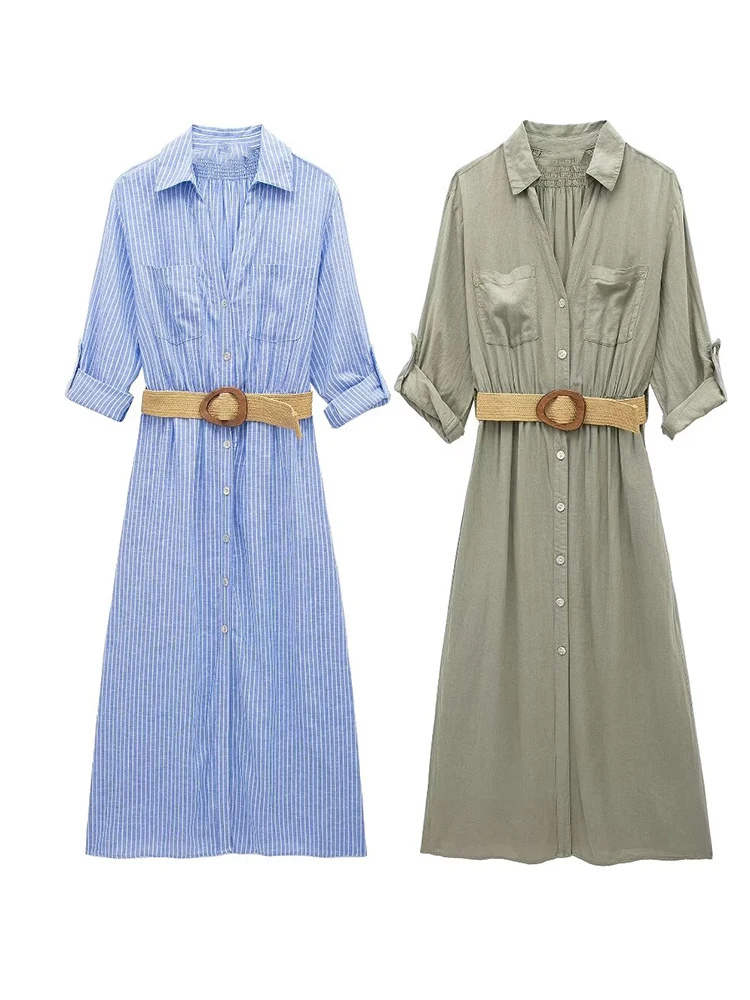 

TRAF-2024 Women's Slim Fit Chic Cotton and Linen Blend Belted Shirt Dress. summer. New Retro POLO Collar Long Sleeve Midi Skirt