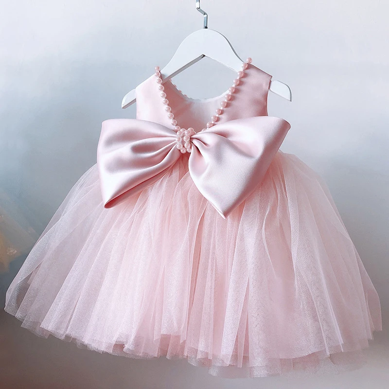 

12M Baby Girl Dress Backless Pearls Bow Tulle Tutu 1st Birthday Baptism Vestidos Kid Princess Wedding Party Formal Occation Gown