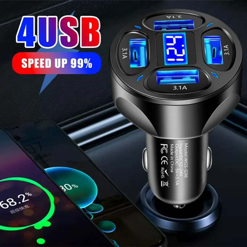 

Car Phone Charger 4 Ports USB Fast Charging Cigarette Lighter Adapter Digital Display Phone Chargers for Iphone Xiaomi Samsung