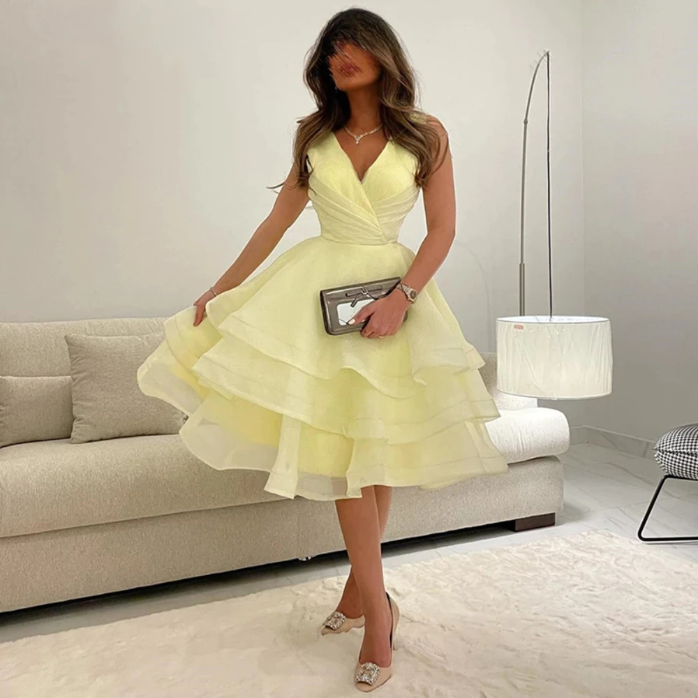 

Prom Dress Evening Organza Draped Tiered Pleat Birthday A-line V-Neck Bespoke Occasion Gown Knee Length Dresses Saudi Arabia