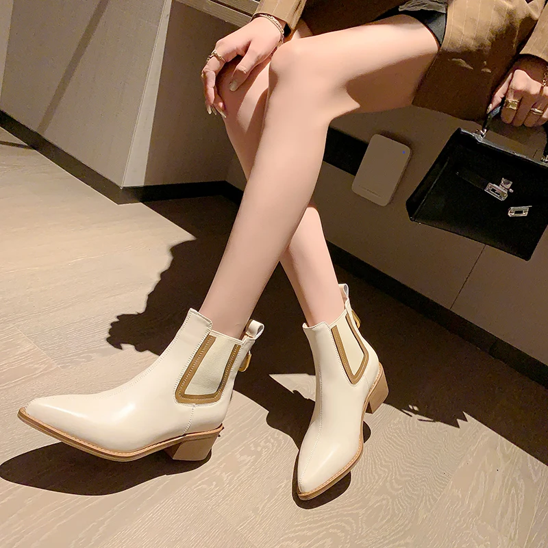 

2023 new autumn winter women ankle boots natural leather 22-25cm cowhide upper modern boots pointed toe thick heel chelsea boots
