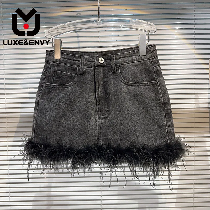 

LUXE&ENVY New Niche Style Fur Skirt Hem Wash Water Spicy Girl Denim Wrap Hip Skirt Short Skirt For Women 2023 Autumn