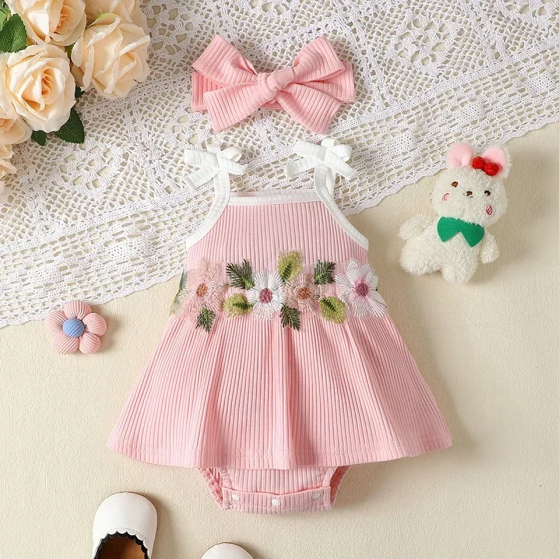 

Baby Girls Summer Romper Dress Infant Clothes Sleeveless Flower Embroidery Ribbed Romper Jumpsuit Headband for Newborn Dress