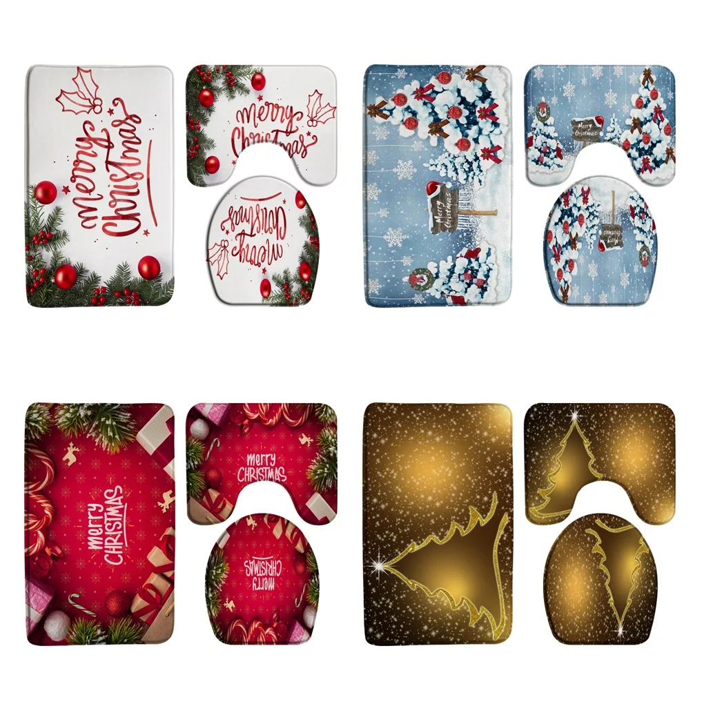 

Christmas Bath Mat Set Red Balls Xmas Tree Cedar Winter Forest Scenery New Year Home Rug Bathroom Decor Carpet Toilet Lid Cover