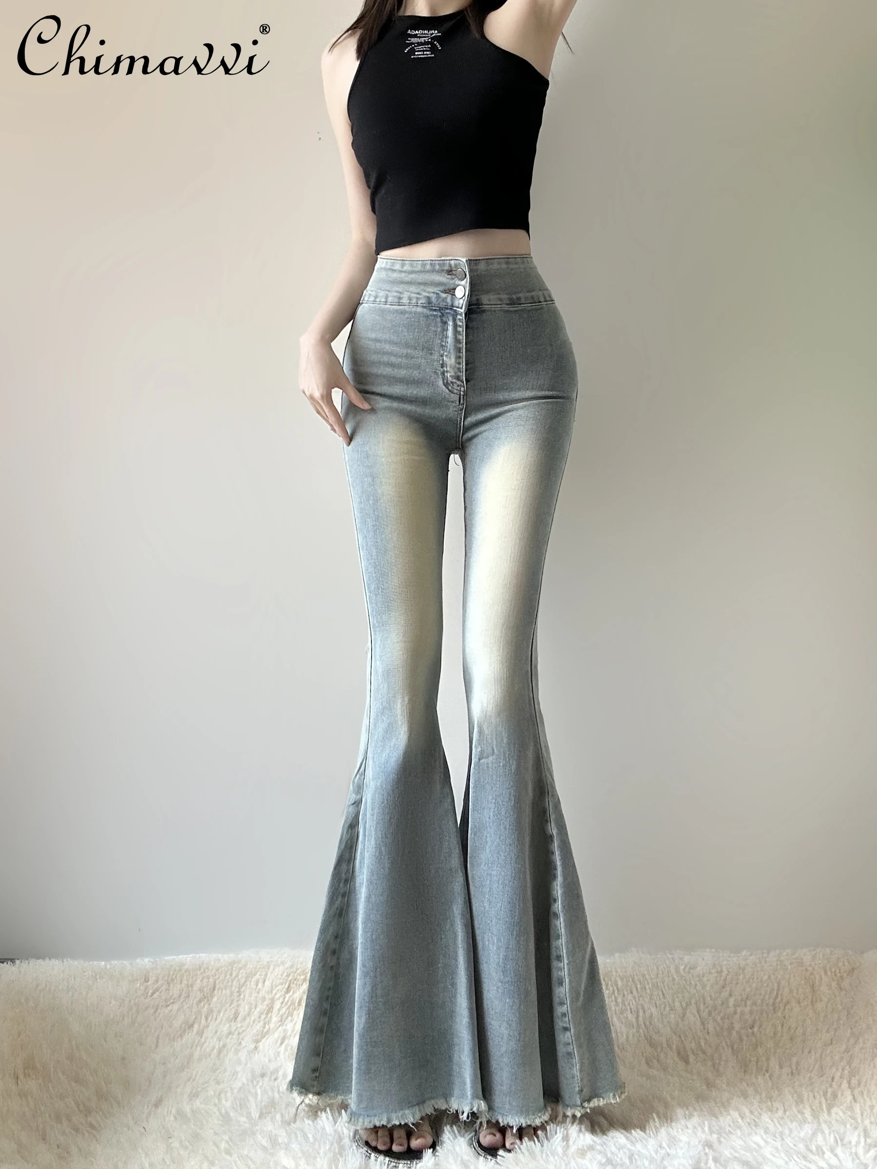 

American Hot Girl Flared Jeans for Women Autumn New Fashion High Waist Denim Pants Slim Retro Design Raw Hem Wide Legs Mop Pants