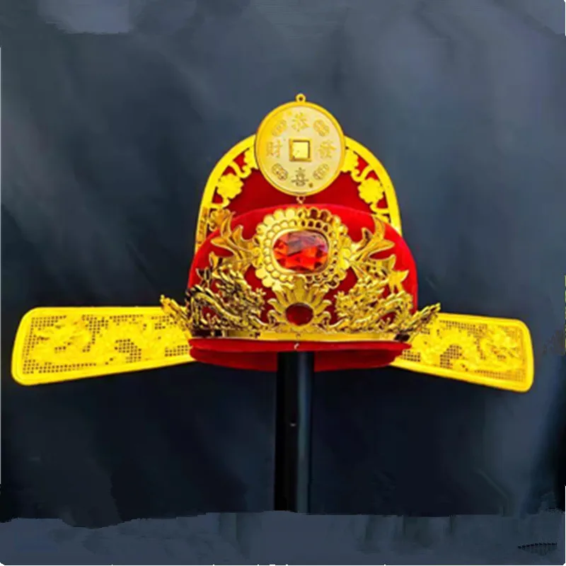 

4 Styles Red Golden Chinese God Of Fortune Hat Festival New Year Headwear Wealth God Champion Hats Opening Ceremony