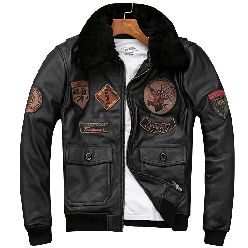 Detachable Natural Fur Collar Genuine Cowhide Men Leather Patches Flight Air Force Pilot Coat Winter Bomber Jacket
Detachable Natural Fur Collar Genuine Cowhide Men Leather Patches Flight Air Force Pilot Coat Winter Bomber Jacket
