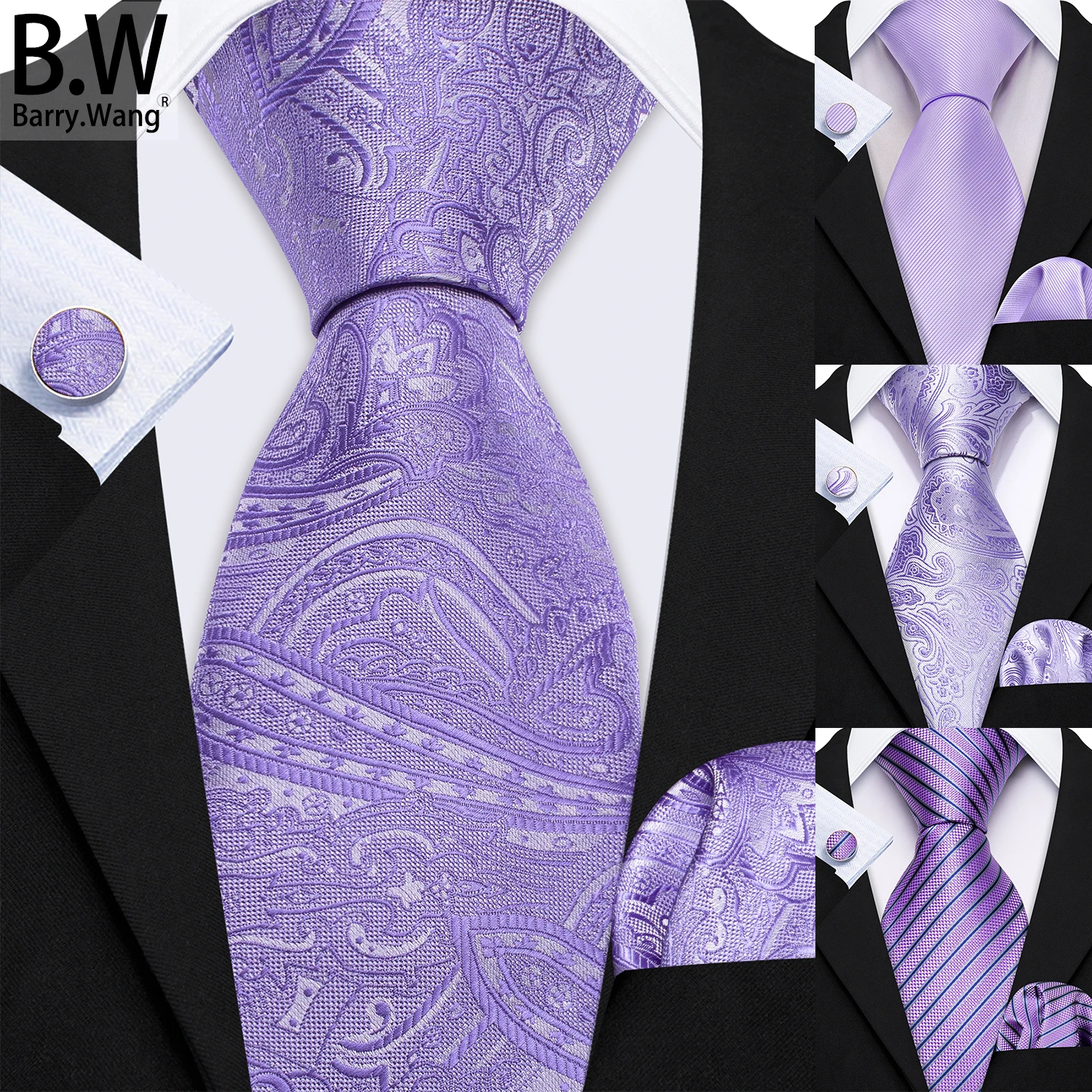 

Barry.Wang Lavender Lilac Purple Silk Men Tie Hanky Cufflink Set Jacquard Paisley Floral Necktie Male Wedding Business Party