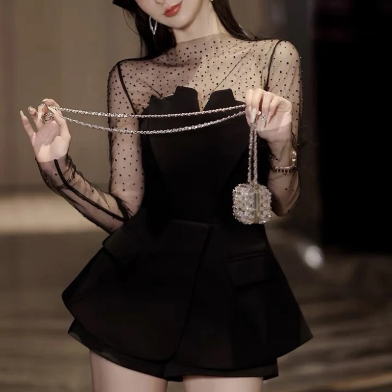 

High Quality Waist Up Black Strapless Tops Sexy Hot Diamonds Perspective Slim Gauze Tops 2024 Fashion Women Y2K Clothing Runway