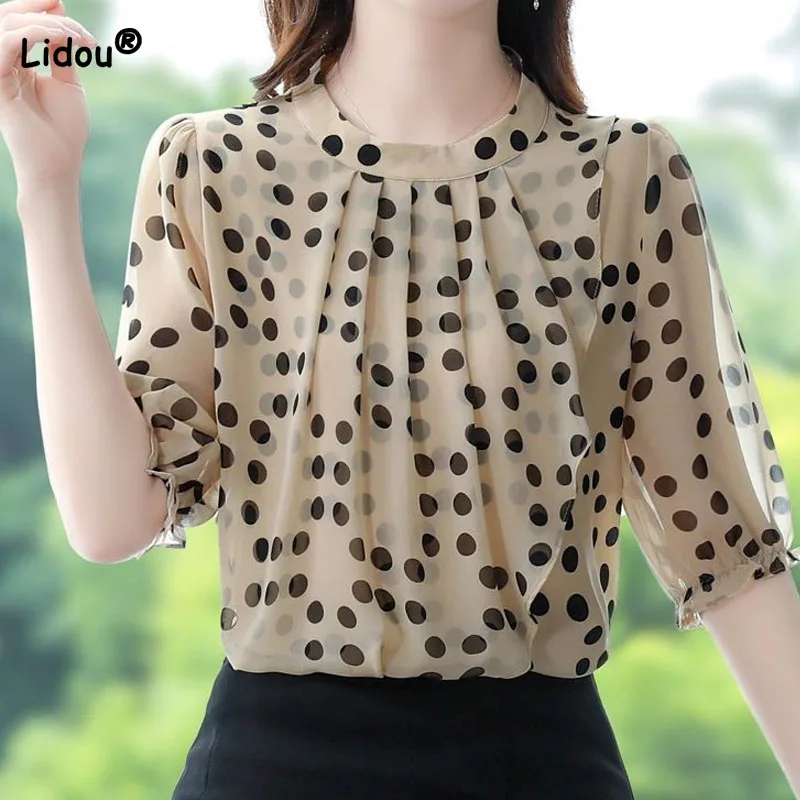 

Women's Clothing Fashion Commute Round Neck Polka Dot Chiffon Shirt Summer New Casual Korean Spliced Half Sleeve Blouse Female