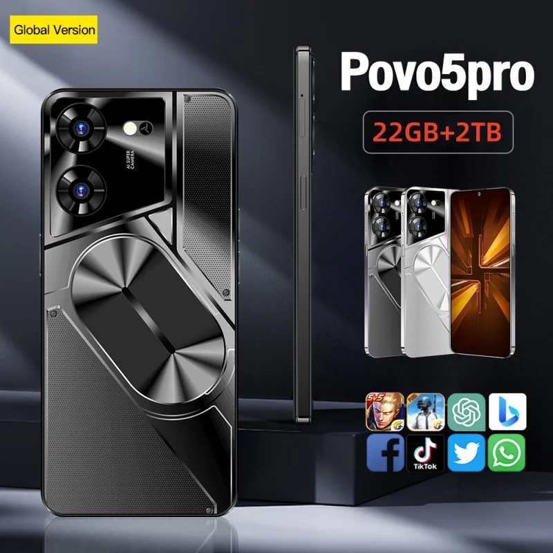 

Povo5Pro Mobile Phone 7.3 HD Screen SmartPhone Original 22GB+2TB 5G Dual Sim Celulares Android Unlocked 108MP 8800mAh Cell Phone